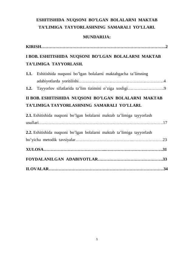 ESHITISHIDA NUQSONI BO’LGAN BOLALARNI MAKTAB TA’LIMIGA TAYYORLASHNING SAMARALI YO’LLARI.
