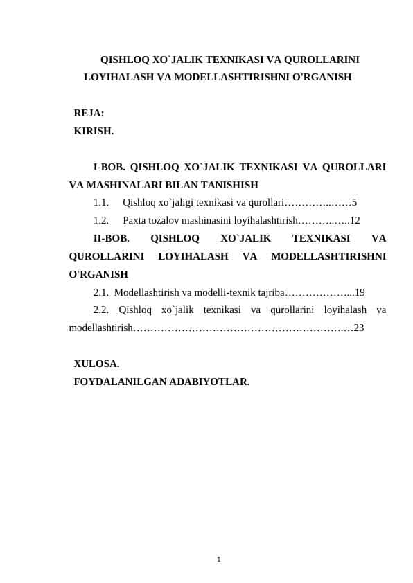 Qishloq xo`jalik texnikasi va qurollarini loyihalash va modellashtirishni o'rganish