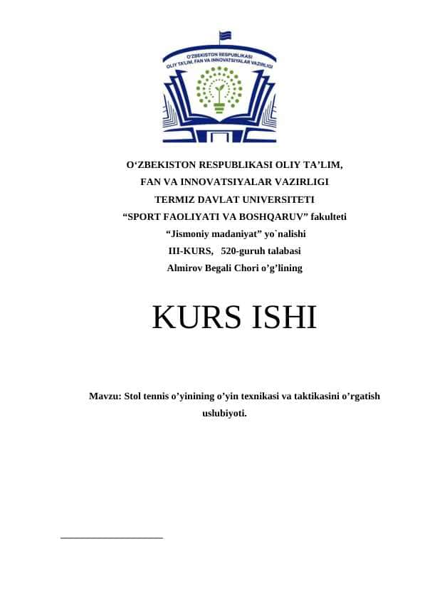 Stol tennis o’yinining o’yin texnikasi va taktikasini o’rgatish uslubiyoti