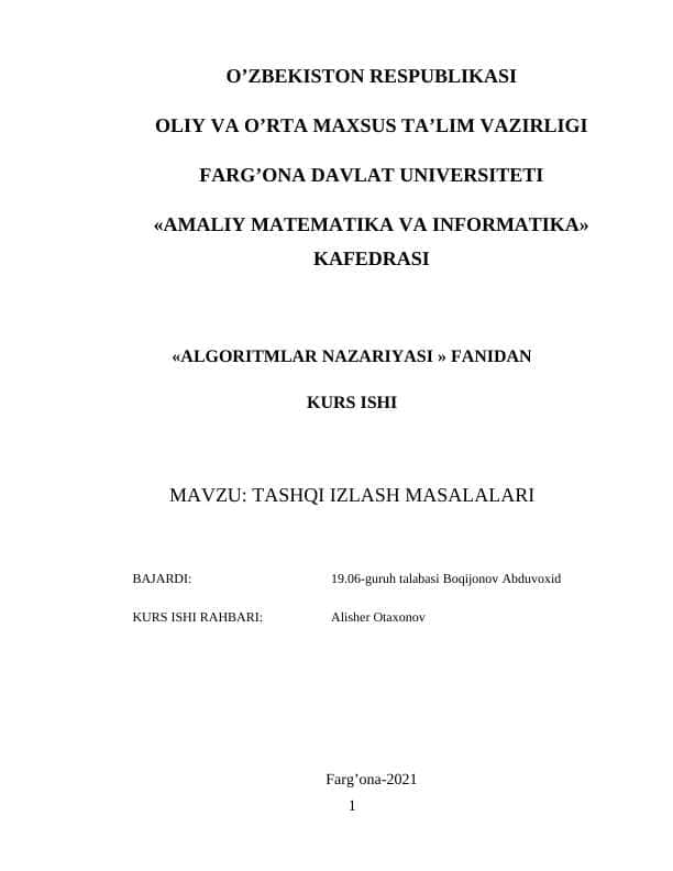 TASHQI IZLASH MASALALARI