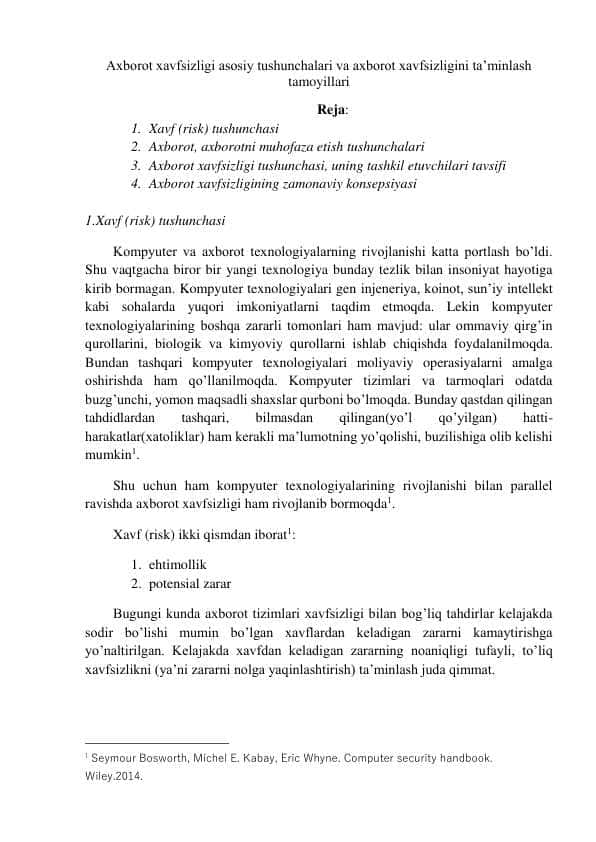 Axborot xavfsizligi asosiy tushunchalari va axborot xavfsizligini ta’minlash tamoyillari