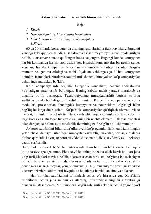 Axborot infratuzilmasini fizik himoyasini ta’minlash