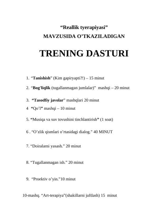 Reallik tyerapiyasi. TRENING DASTUR