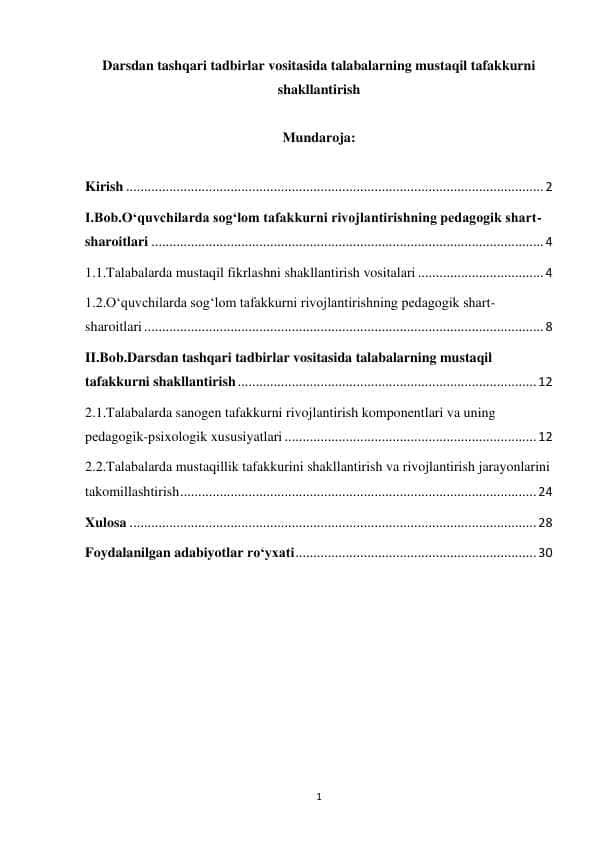 KURS ISHI. Darsdan tashqari tadbirlar vositasida talabalarning mustaqil tafakkurni shakllantirish