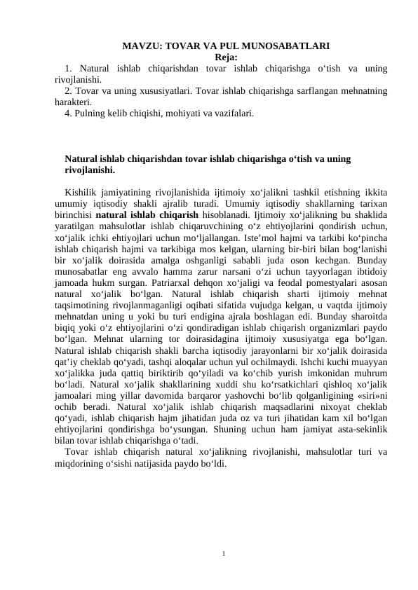 TOVAR VA PUL MUNOSABATLARI