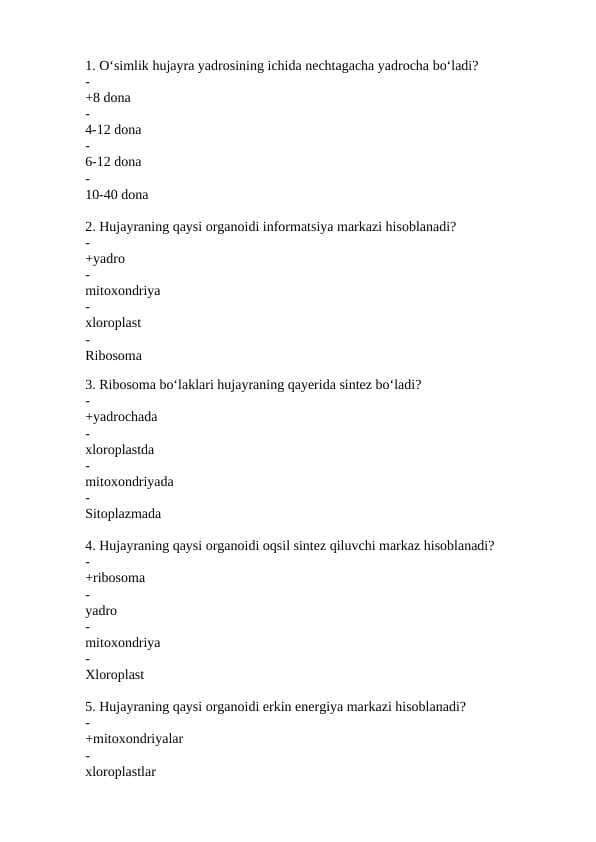 O'smliklar fiziologiyasi fanidan 320 test javobi bn