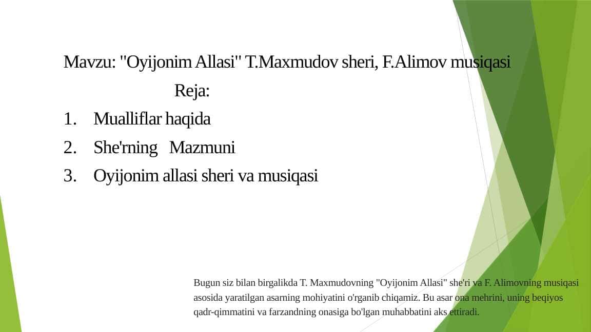 "Oyijonim Allasi" T.Maxmudov sheri, F.Alimov musiqasi
