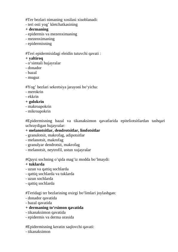Gistologiya fanidan yakuniy savollar javoblari