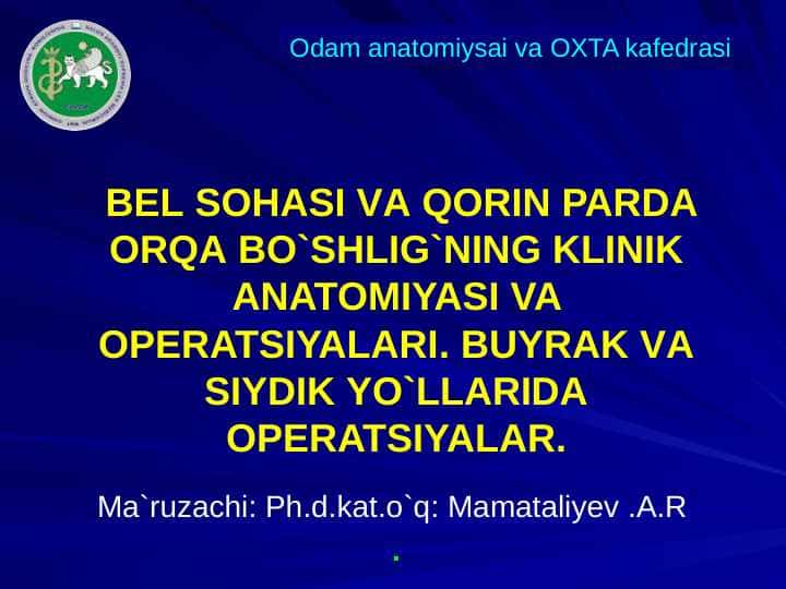 BEL SOHASI VА QORIN PARDA ORQA BO`SHLIG`NING KLINIK ANATOMIYASI VA OPERATSIYALARI. BUYRAK VА SIYDIK YO`LLARIDA OPERATSIYALAR.