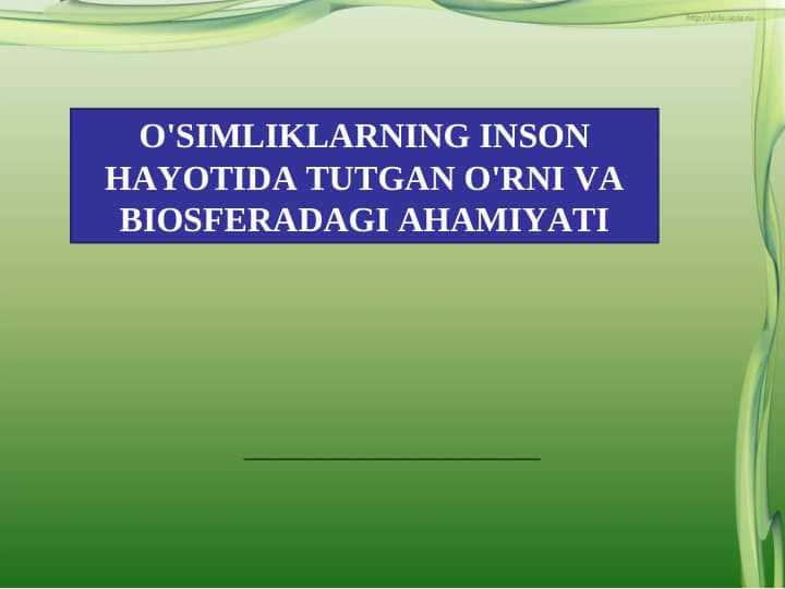 O'SIMLIKLARNING INSON HAYOTIDA TUTGAN O'RNI VA BIOSFERADAGI AHAMIYATI