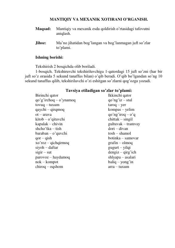 MANTIQIY VA MEXANIK XOTIRANI O’RGANISH