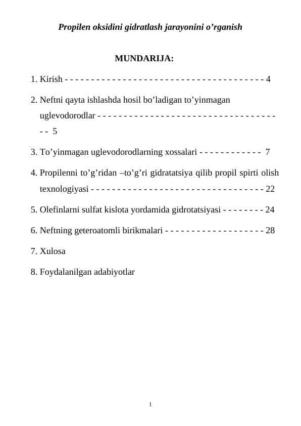 Propilen oksidini gidratlash jarayonini o’rganish TAYYOR DIPLOM ISHI