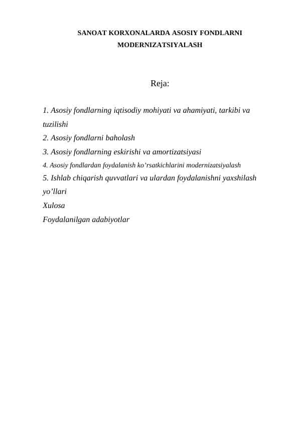 SANOAT KORXONALARDA ASOSIY FONDLARNI MODERNIZATSIYALASH