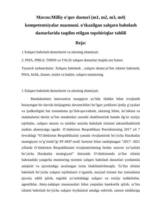 Milliy o'quv dasturi (m1, m2, m3, m4) kompetentsiyalar mazmuni. o'tkazilgan xalqaro baholash dasturlarida taqdim etilgan topshiriqlar tahlili