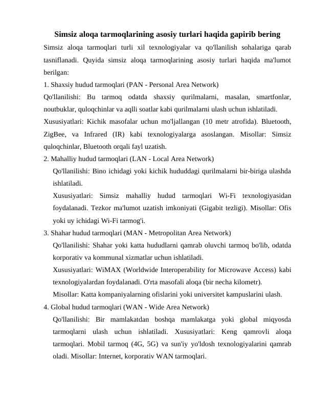 Simsiz aloqa tarmoqlarining asosiy turlari haqida gapirib bering