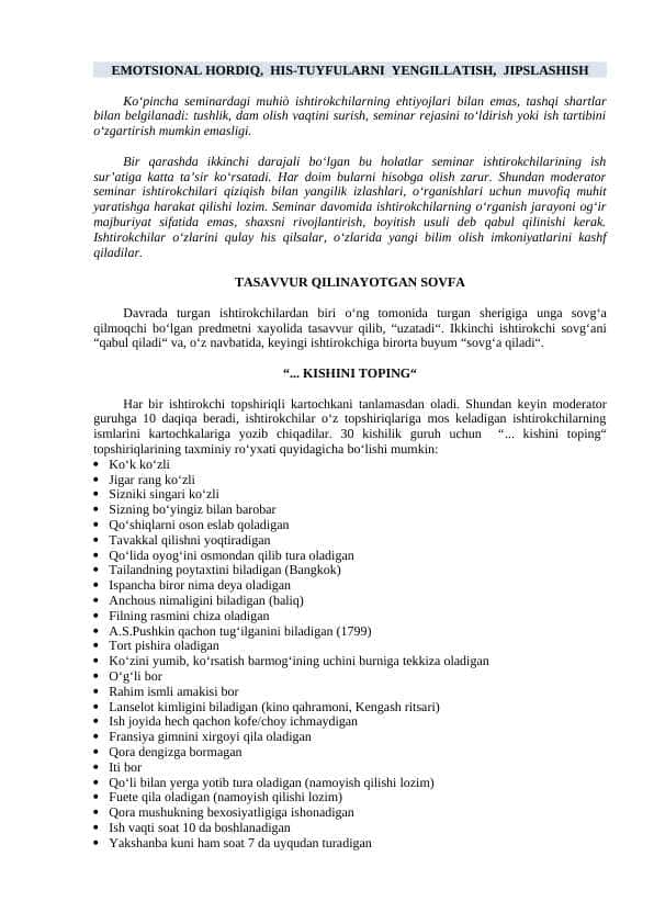 Psixologik trening, emotsional yengillik va jipslashtiruvchi