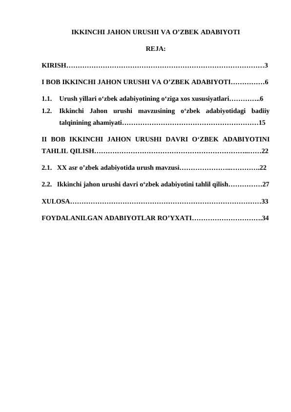 2-JAHON URUSHI VA O'ZBEK ADABIYOTI