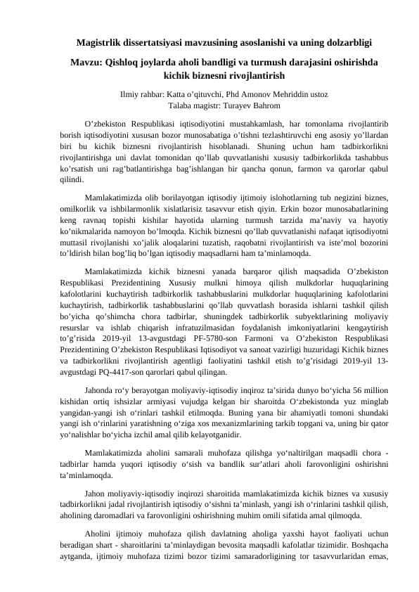 Magistrlik dissertatsiyasi mavzusining asoslanishi va uning dolzarbligi