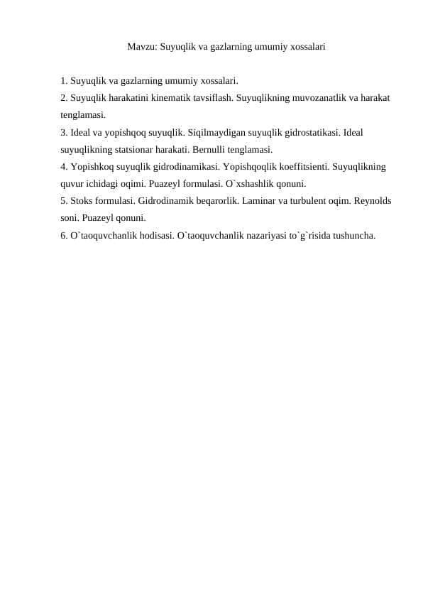 Suyuqlik va gazlarning umumiy xossalari