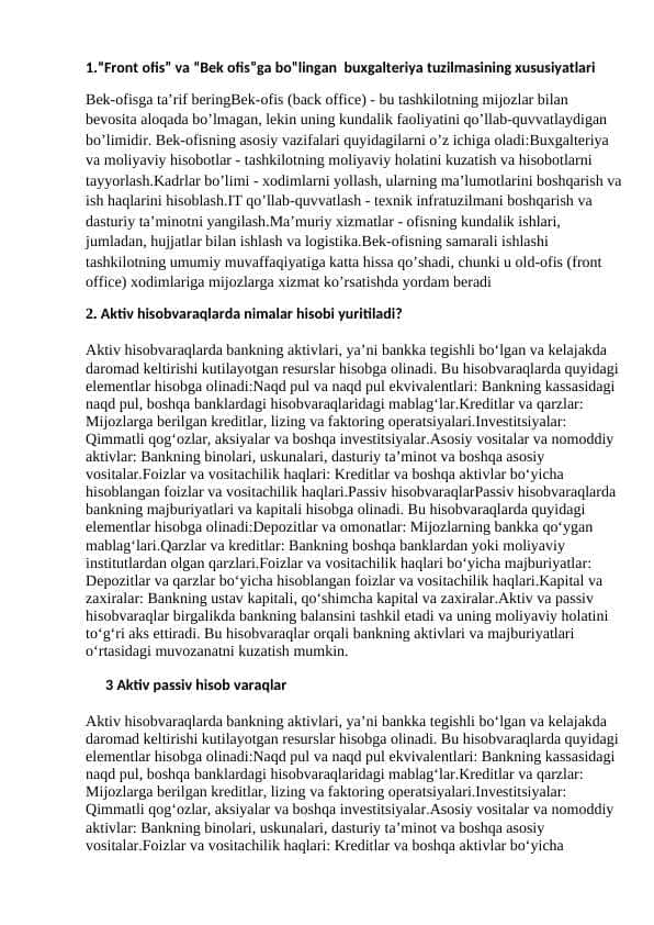 bank hisobi fani yakuniy savollar javoblari