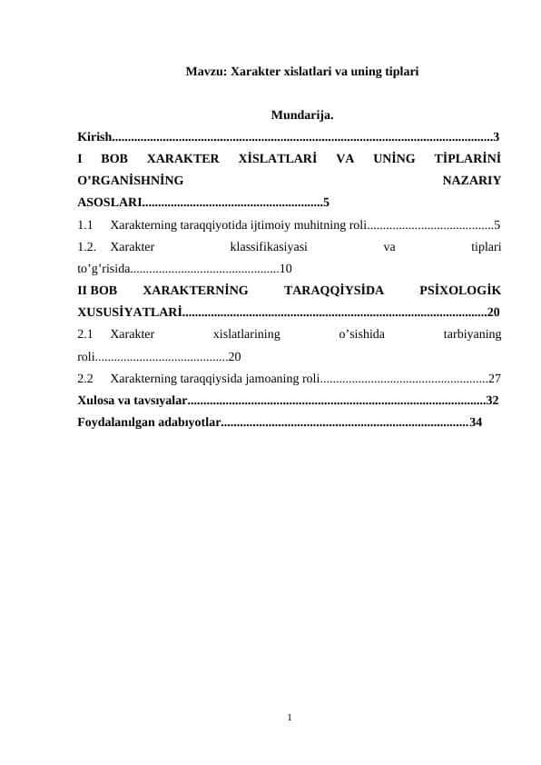 Xarakter xislatlari va uning tiplari