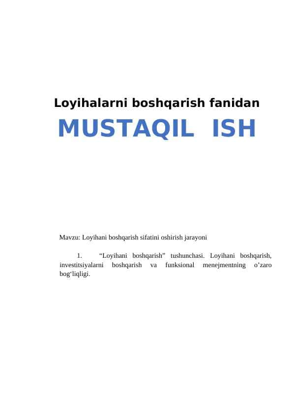 Loyihani boshqarish sifatini oshirish jarayoni