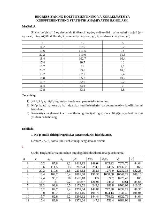 REGRESSIYANING KOEFFITSIENTINING VA KORRELYATSIYA KOEFFITSIENTINING STATISTIK AHAMIYATINI BAHOLASH.