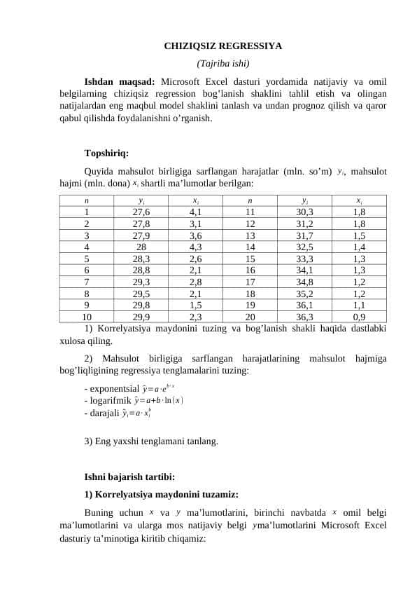 CHIZIQSIZ REGRESSIYA (Tajriba ishi)