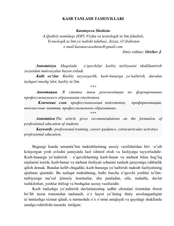 KASB TANLASH TAMOYILLARI