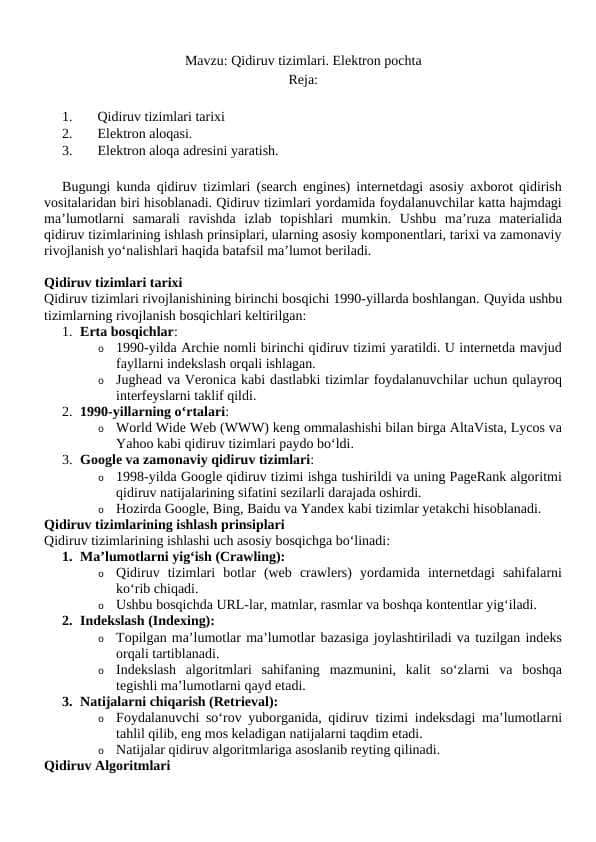 Qidiruv tizimlari. Elektron pochta