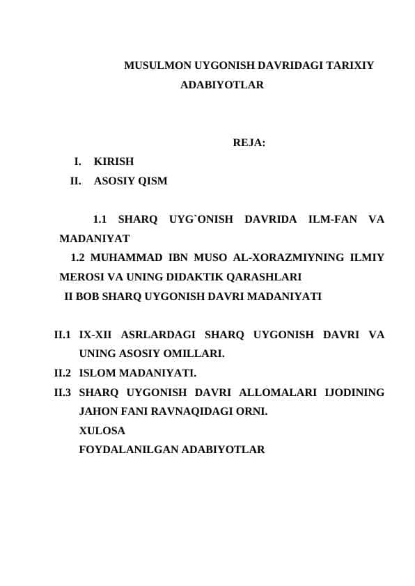 MUSULMON UYGONISH DAVRIDAGI TARIXIY ADABIYOTLAR