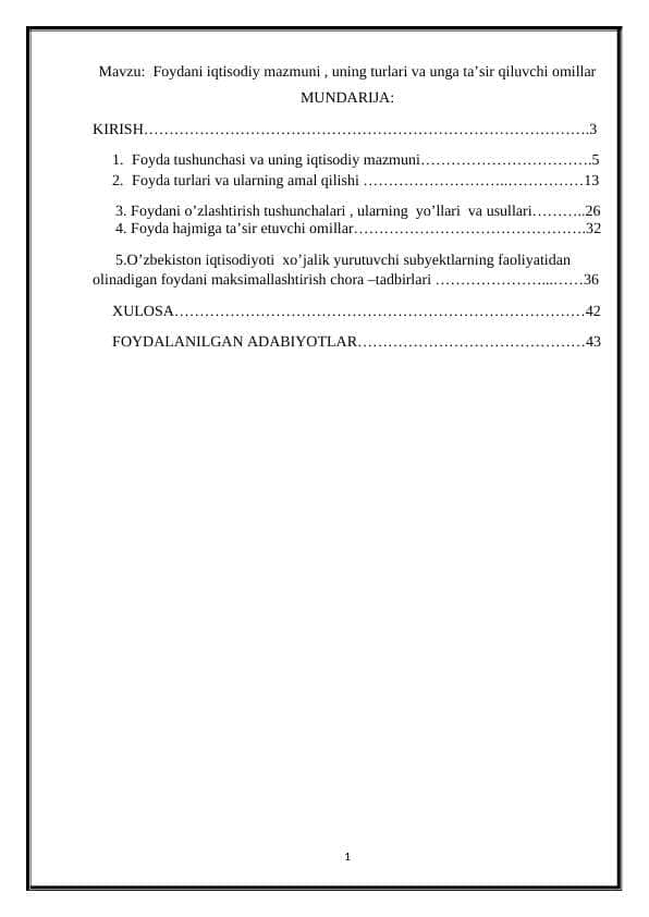 Foydani iqtisodiy mazmuni , uning turlari va unga ta’sir qiluvchi omillar