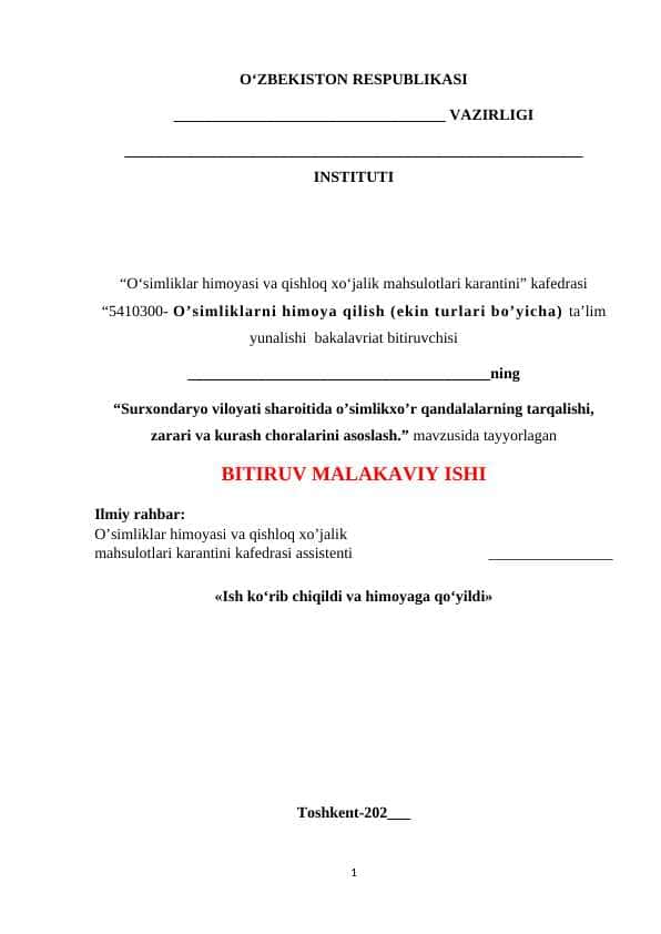 Surxondaryo viloyati sharoitida o’simlikxo’r qandalalarning tarqalishi, zarari va kurash choralarini asoslash