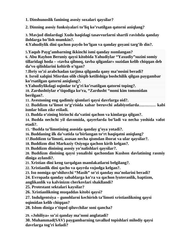 dinshunoslikdan oraliq savollar