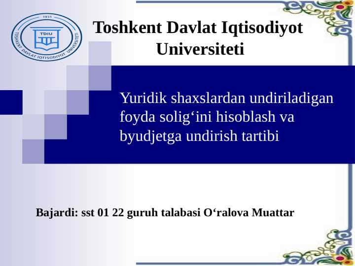 Yuridik shaxslardan undiriladigan foyda soligʻini hisoblash va byudjetga undirish tartibi