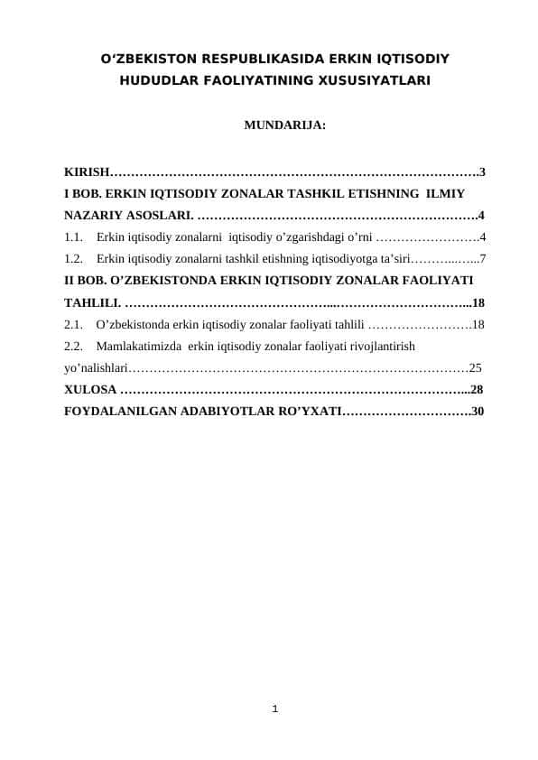 OʻZBEKISTON RESPUBLIKASIDA ERKIN IQTISODIY HUDUDLAR FAOLIYATINING XUSUSIYATLARI