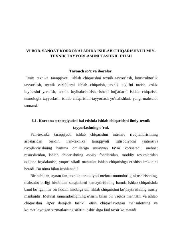 SANOAT KORXONALARIDA ISHLAB CHIQARISHNI ILMIY- TEXNIK TAYYORLASHNI TASHKIL ETISH