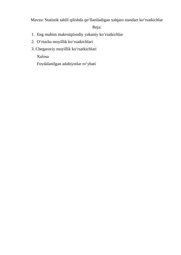 Statistik tahlil qilishda qoʻllaniladigan xalqaro standart koʻrsatkichlar