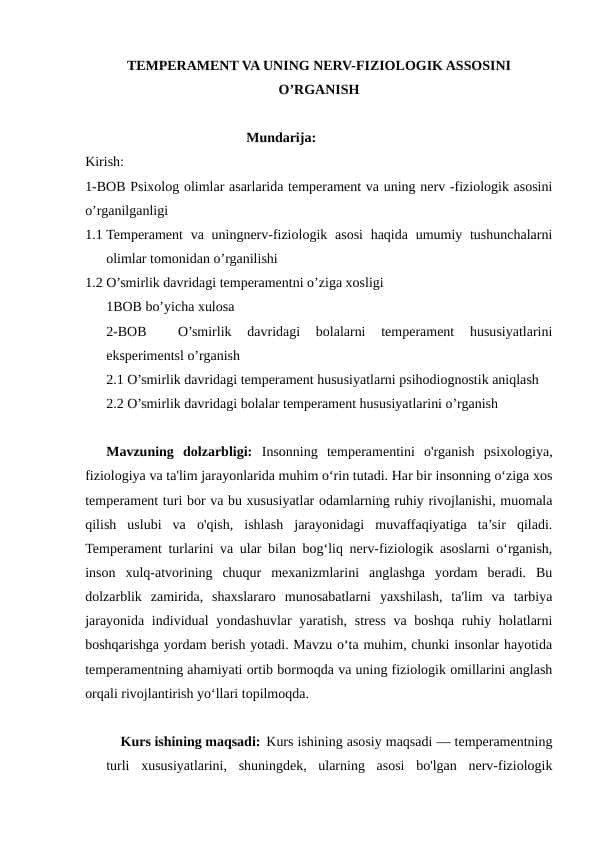 TEMPERAMENT VA UNING NERV-FIZIOLOGIK ASSOSINI O’RGANISH