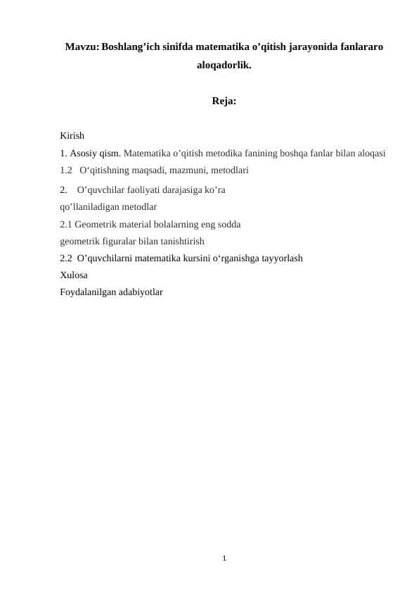 Boshlang’ich sinifda matematika o’qitish jarayonida fanlararo aloqadorlik