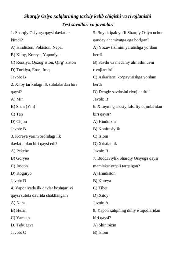 Sharqiy Osiyo xalqlarining tarixiy kelib chiqishi va rivojlanishi Test savollari va javoblariSharqiy Osiyo xalqlarining tarixiy kelib chiqishi va rivojlanishi Test savollari va javoblari