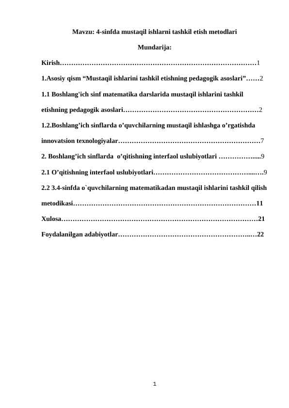 4-sinfda mustaqil ishlarni tashkil etish metodlari