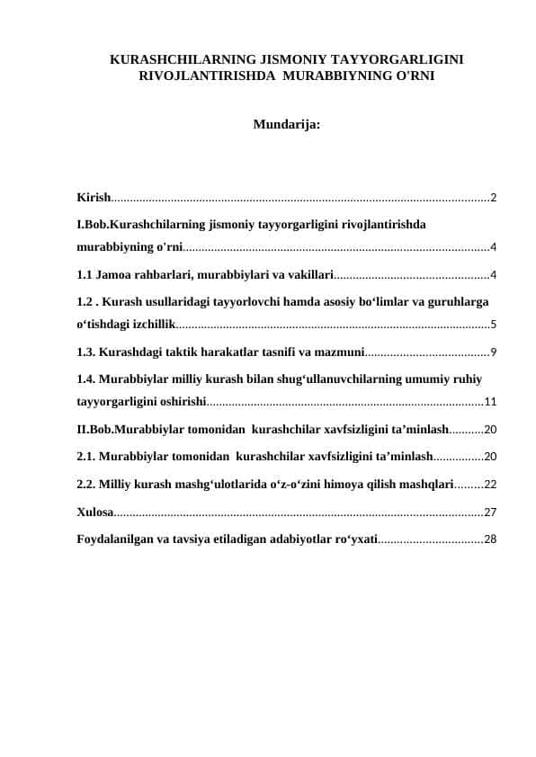 KURASHCHILARNING JISMONIY TAYYORGARLIGINI RIVOJLANTIRISHDA MURABBIYNING O'RNI