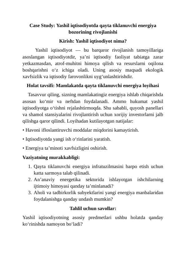 Case Study: Yashil iqtisodiyotda qayta tiklanuvchi energiya bozorining rivojlanishi
