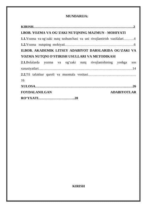 “AKADEMIK LITSEY ADABIYOT DARSLARIDA OG‘ZAKI VA YOZMA NUTQNI O‘STIRISH USULLARI”