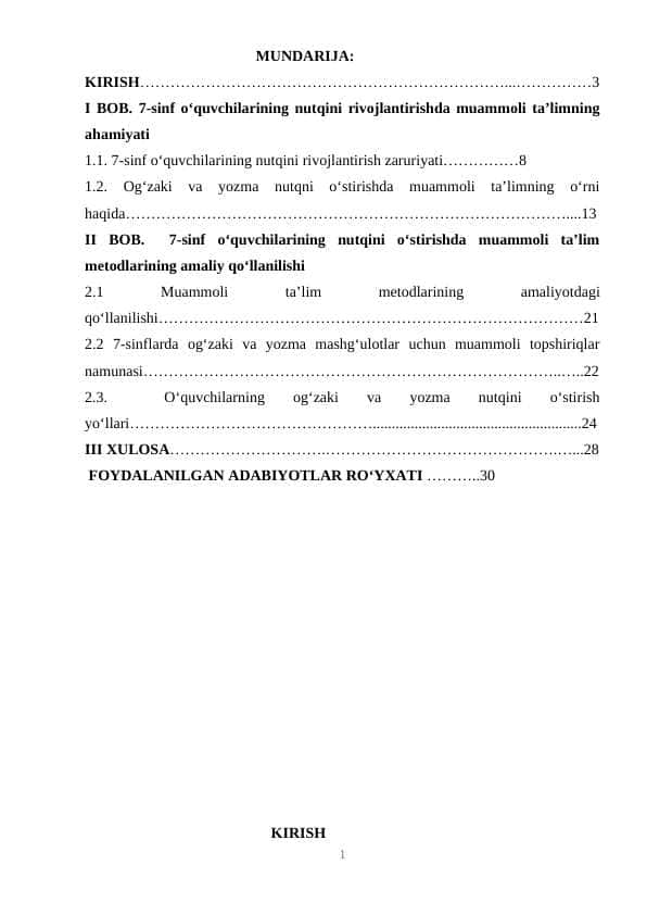 7-sinf o‘quvchilarining og‘zaki va yozma nutqini o‘stirishda muammoli ta’limdan foydalanish