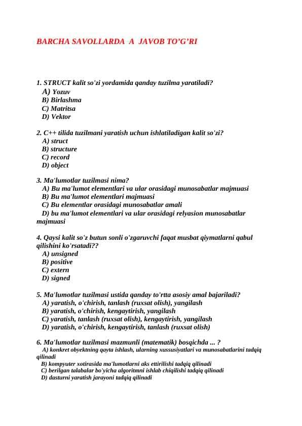 Ma'lumotlar tuzilmasi va Algoritmlash fanidan yakuniy baza savollari 2-kurs TATU.
