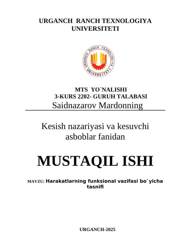 Harakatlarning funksional vazifasi bo`yicha tasnifi
