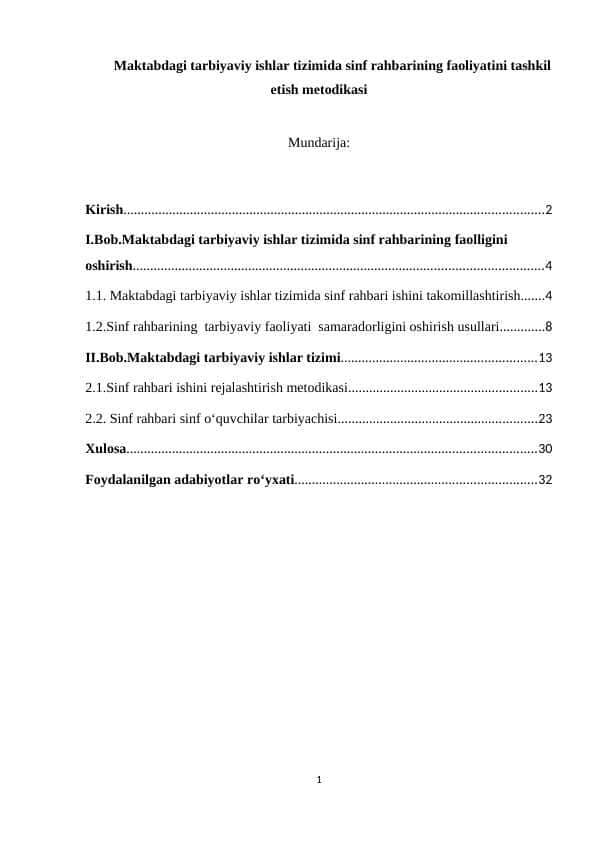 Maktabdagi tarbiyaviy ishlar tizimida sinf rahbarining faoliyatini tashkil etish metodikasi