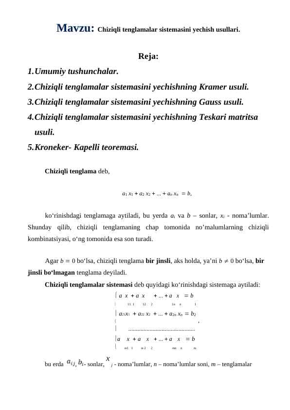 Chiziqli tenglamalar sistemasini yechish usullari